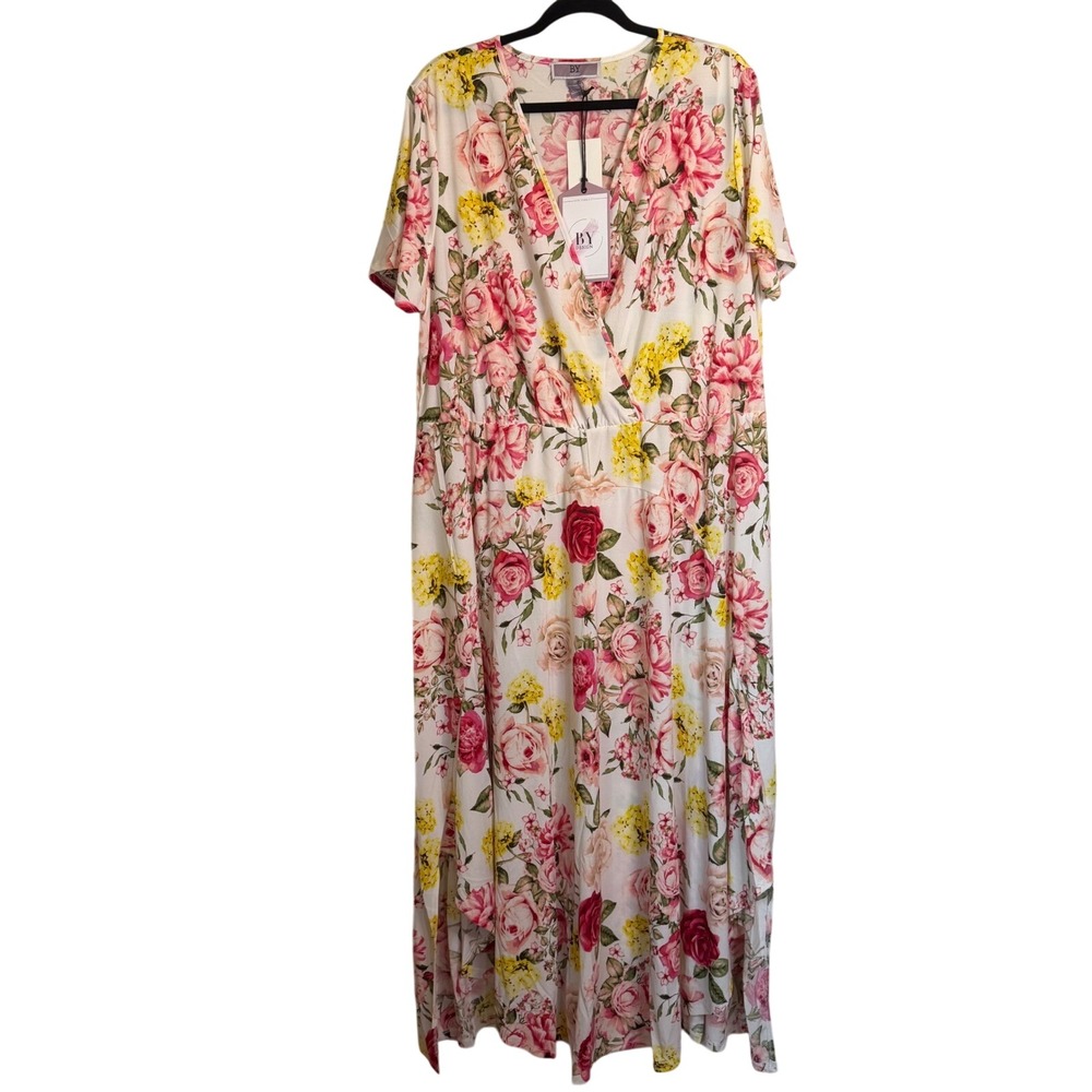 BY Design Floral Faux Wrap Maxi Dress Flowy Pink Vintage Rose Womens 2X NWT